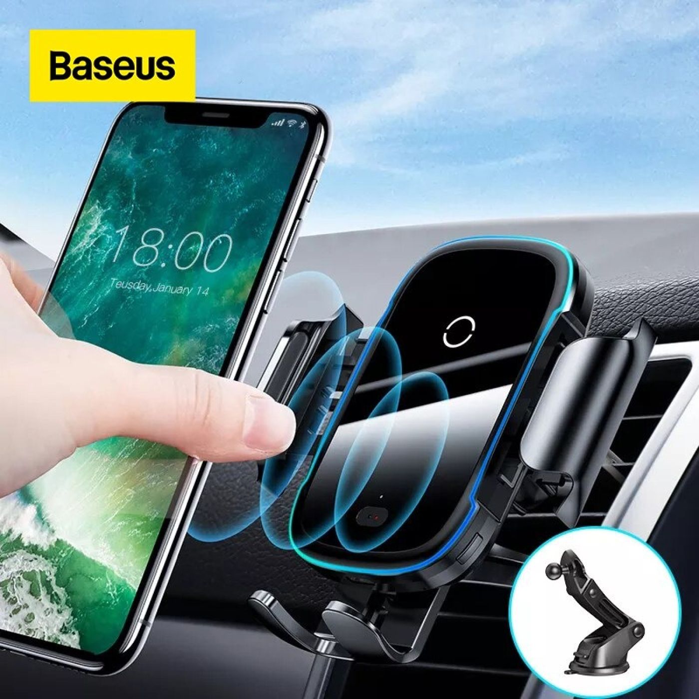 Bộ đế giữ điện thoại dùng trên xe hơi Baseus Light Electric Holder Wireless Charger 15W (tích hợp sạ