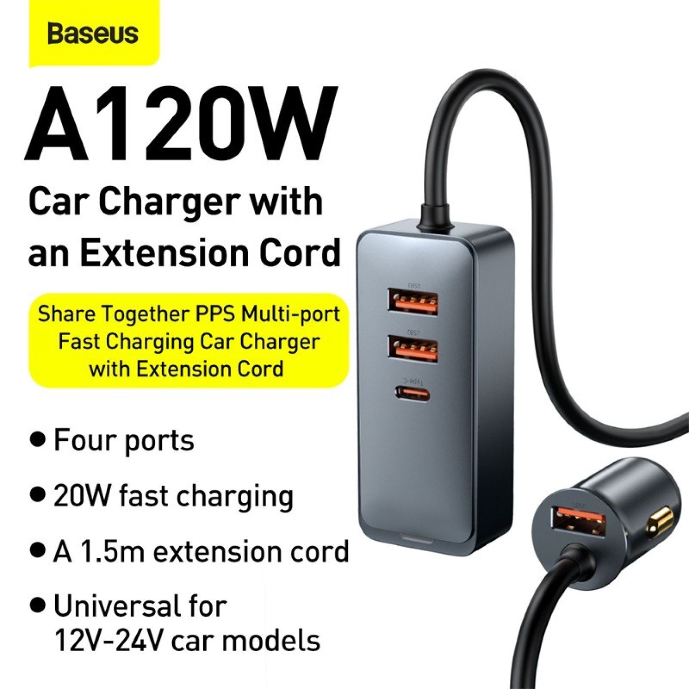 Tẩu sạc nhanh mở rộng 4 Port Baseus Share Together Extention Car Charger 120W (Extention up to 4 Por