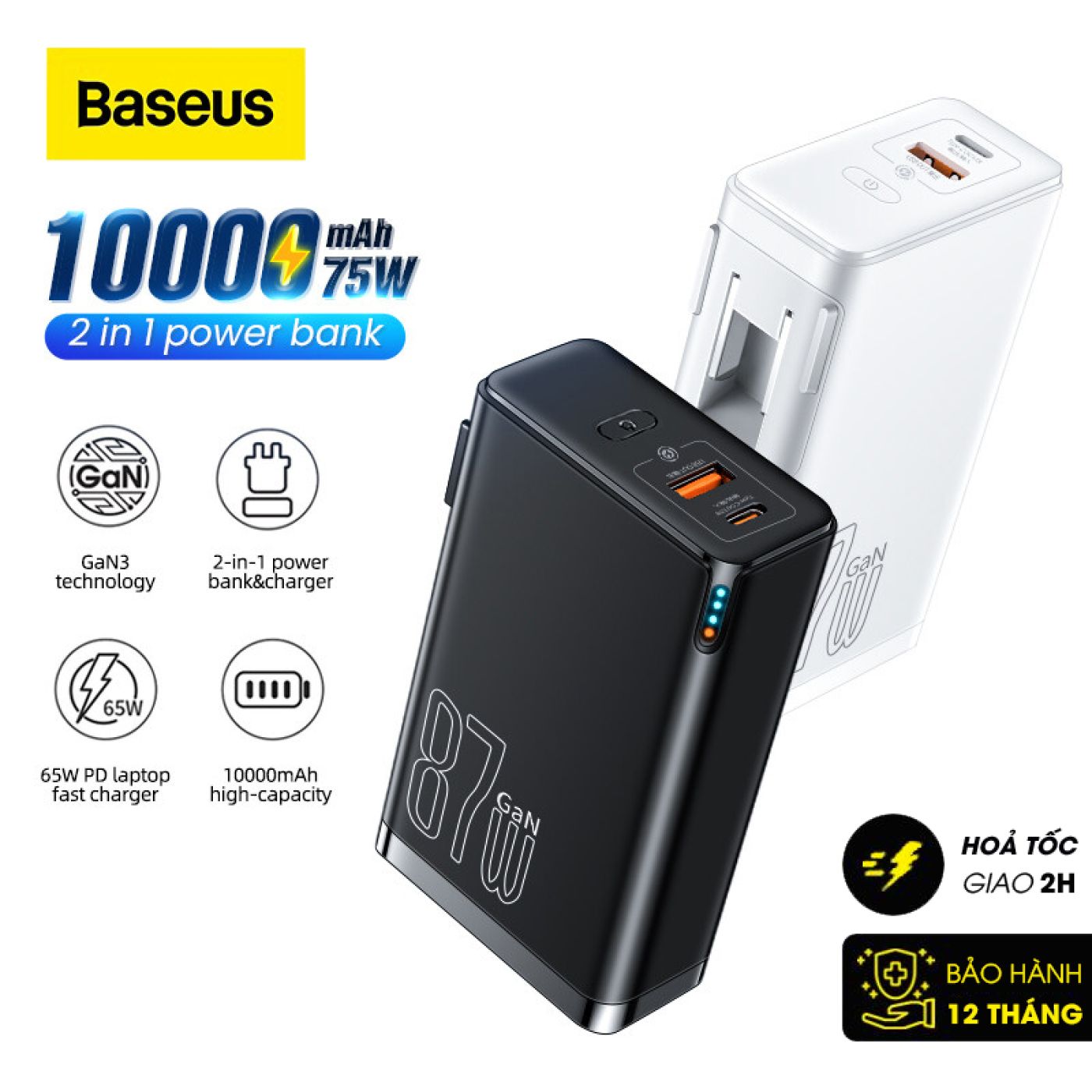 Cốc sạc siêu nhanh kiêm pin dự phòng Baseus Power Station 4 Hybrid GaN Power Bank Adaptor 10000mAh 8