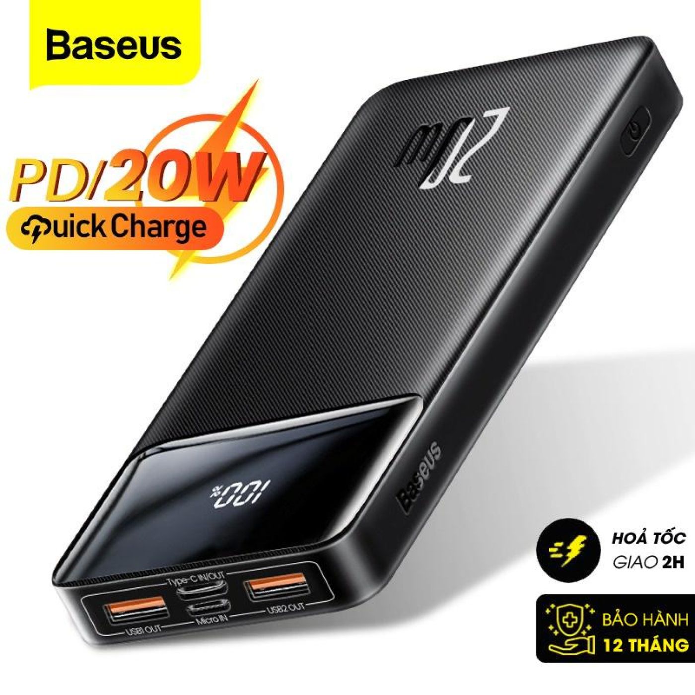 Pin sạc dự phòng Baseus Bipow Digital Display Power Bank (15W / 20W, USB*2+Type C , LED Display, 2 W