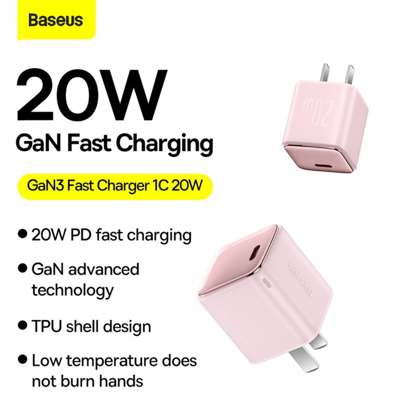 Củ sạc nhanh siêu nhỏ gọn Baseus GaN3 1C 20W cho IP/ Samsung/ Xiaomi (PD/ QC Multi Quick Charge Supp