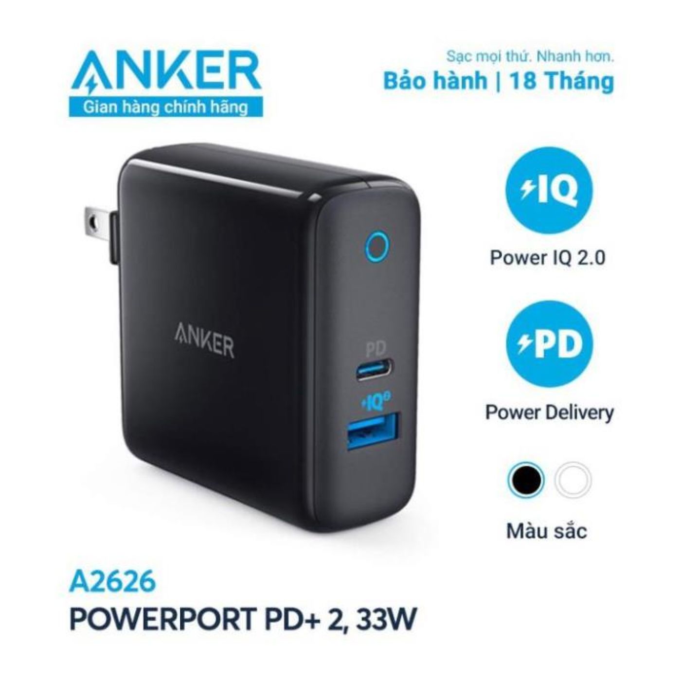 Sạc 2 Cổng Anker PowerPort PD+2 33w - A2626 NEW- ĐEN