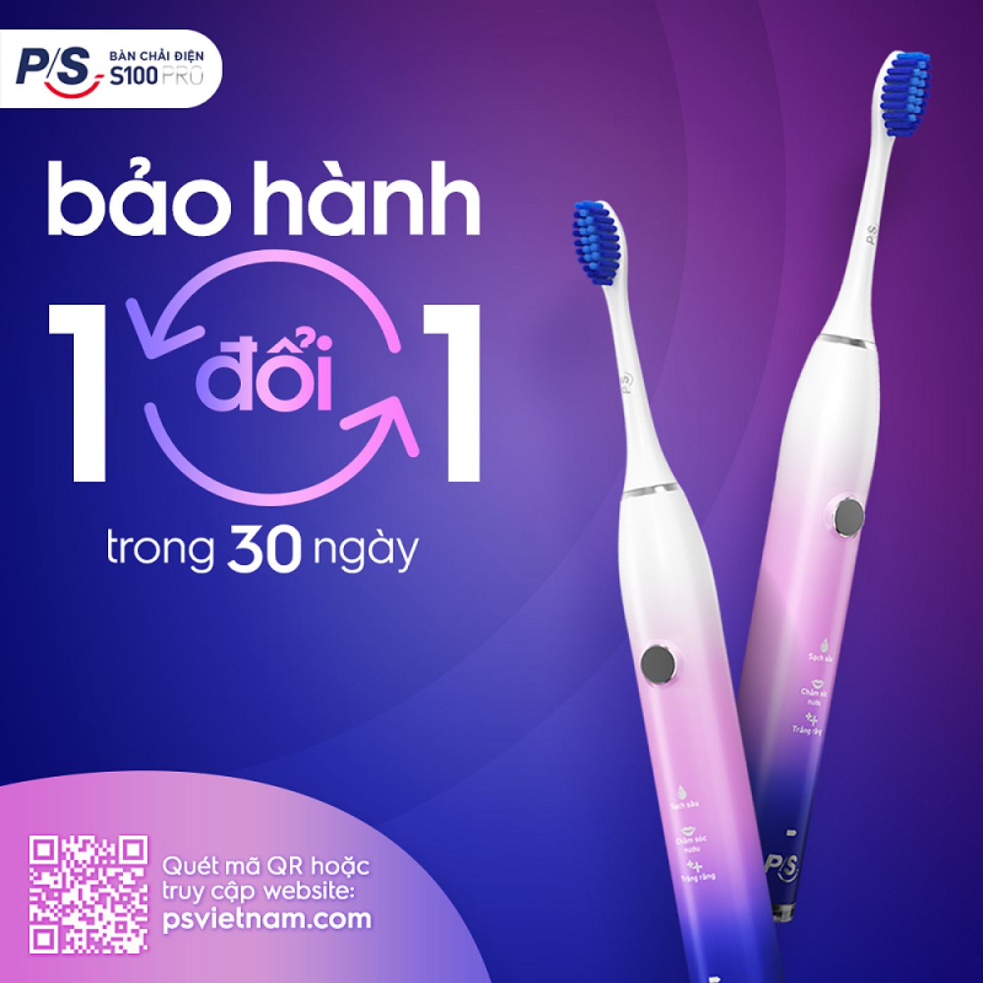 Bàn Chải Điện P/S S100 PRO - Công Nghệ Sóng Âm, Chải Sạch Mảng Bám Tới 10X - Màu tím