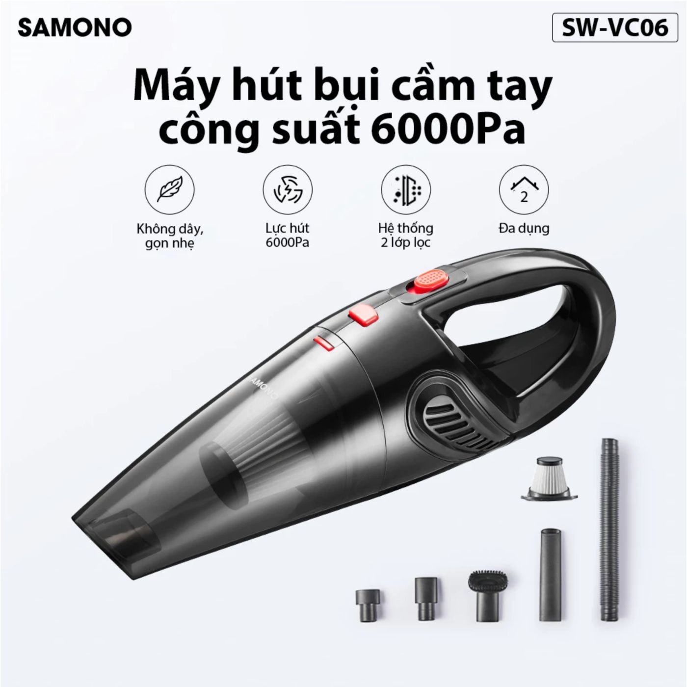 Máy hút bụi Samono SW-VC06 không dây cầm tay mini đa dụng công suất 6000Pa 2 lớp lọc mạnh mẽ