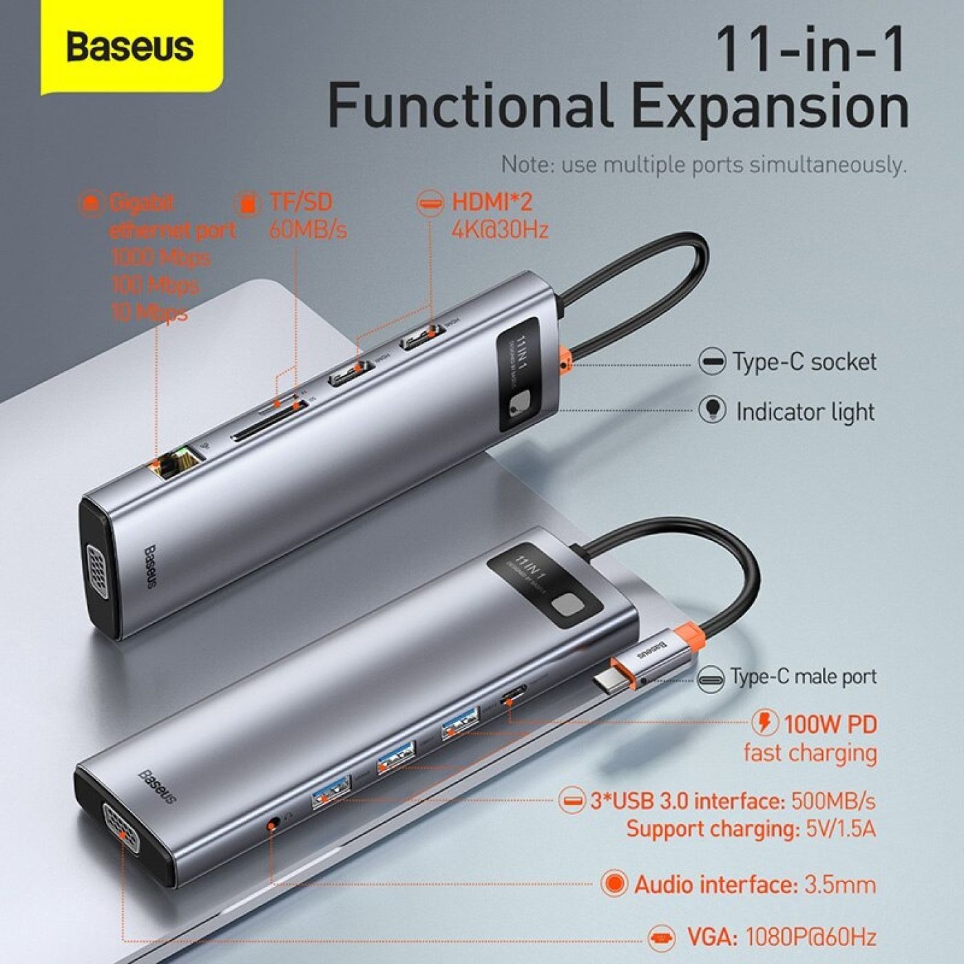 Hub chuyển đa năng Baseus Metal Gleam Series Multifunctional Docking Station ( Type-C to HDMI/ USB3.