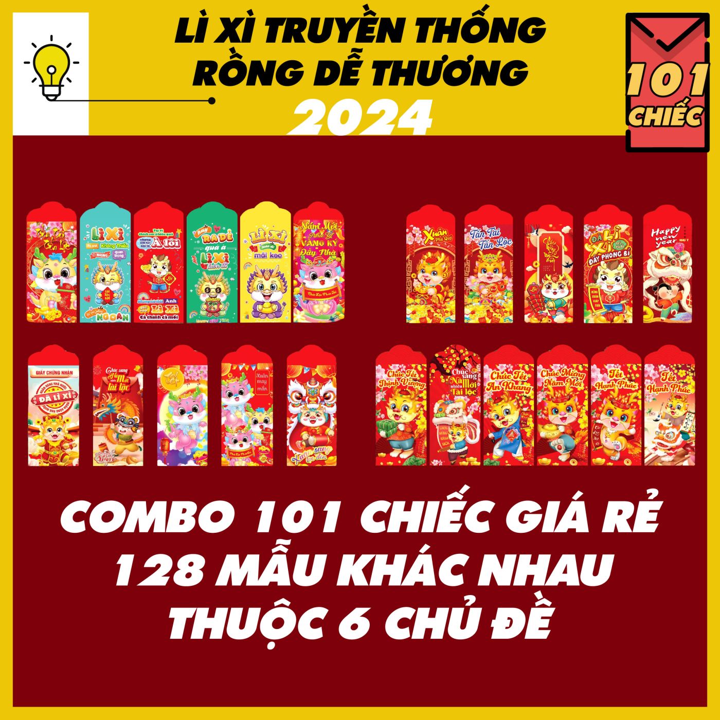 Combo 10.000 - 30.000 lì xì truyền thống 2024 giáp thìn kích thước 8 x 16 cm đựng vừa tờ 500k