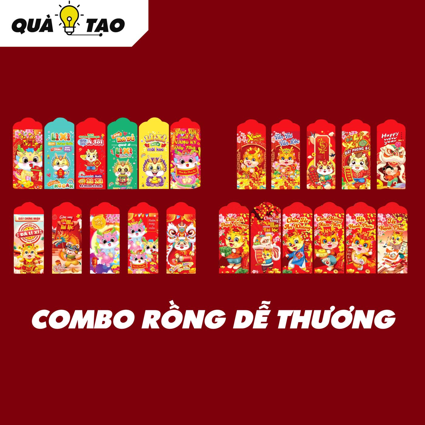 Combo 10.000 - 30.000 lì xì truyền thống 2024 giáp thìn kích thước 8 x 16 cm đựng vừa tờ 500k