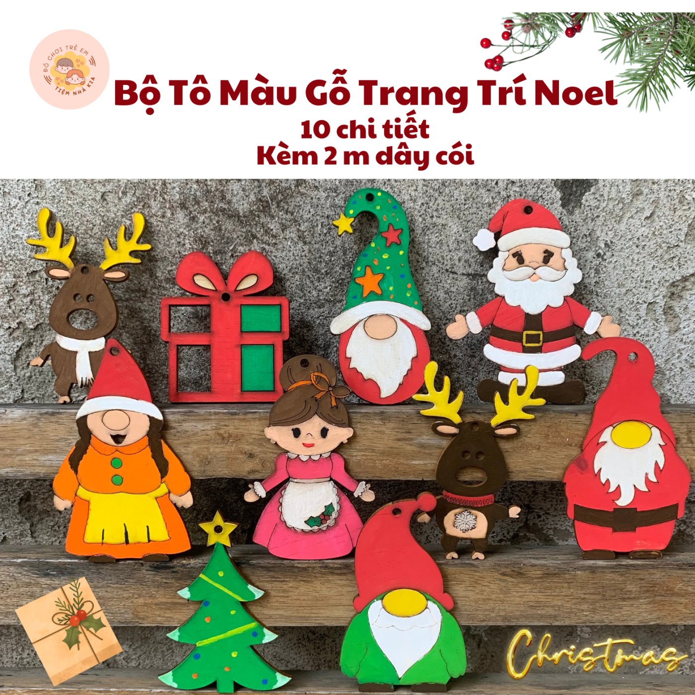 Bộ 10 Món Trang Trí Noel Giáng Sinh Tô Màu Gỗ 10-15 cm_Trang Trí Treo Cây Thông, Làm Quà Tặng, decor