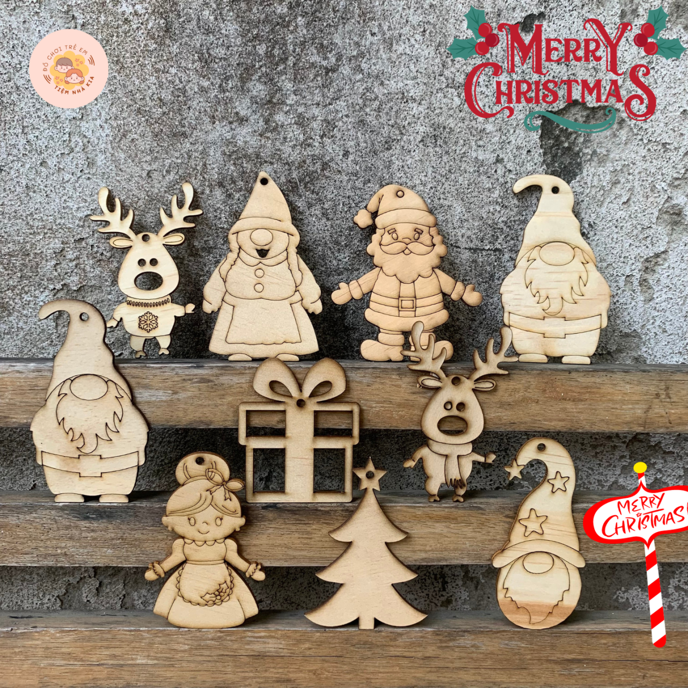 Bộ 10 Món Trang Trí Noel Giáng Sinh Tô Màu Gỗ 10-15 cm_Trang Trí Treo Cây Thông, Làm Quà Tặng, decor