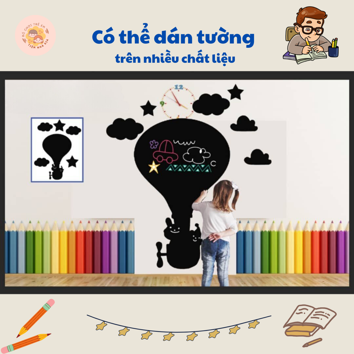 Bảng Đen Decal Viết Phấn Dán Tường Cho Bé Kích Thước 90x120cm Nhiều Hình Dạng_Có Thể Xóa Được