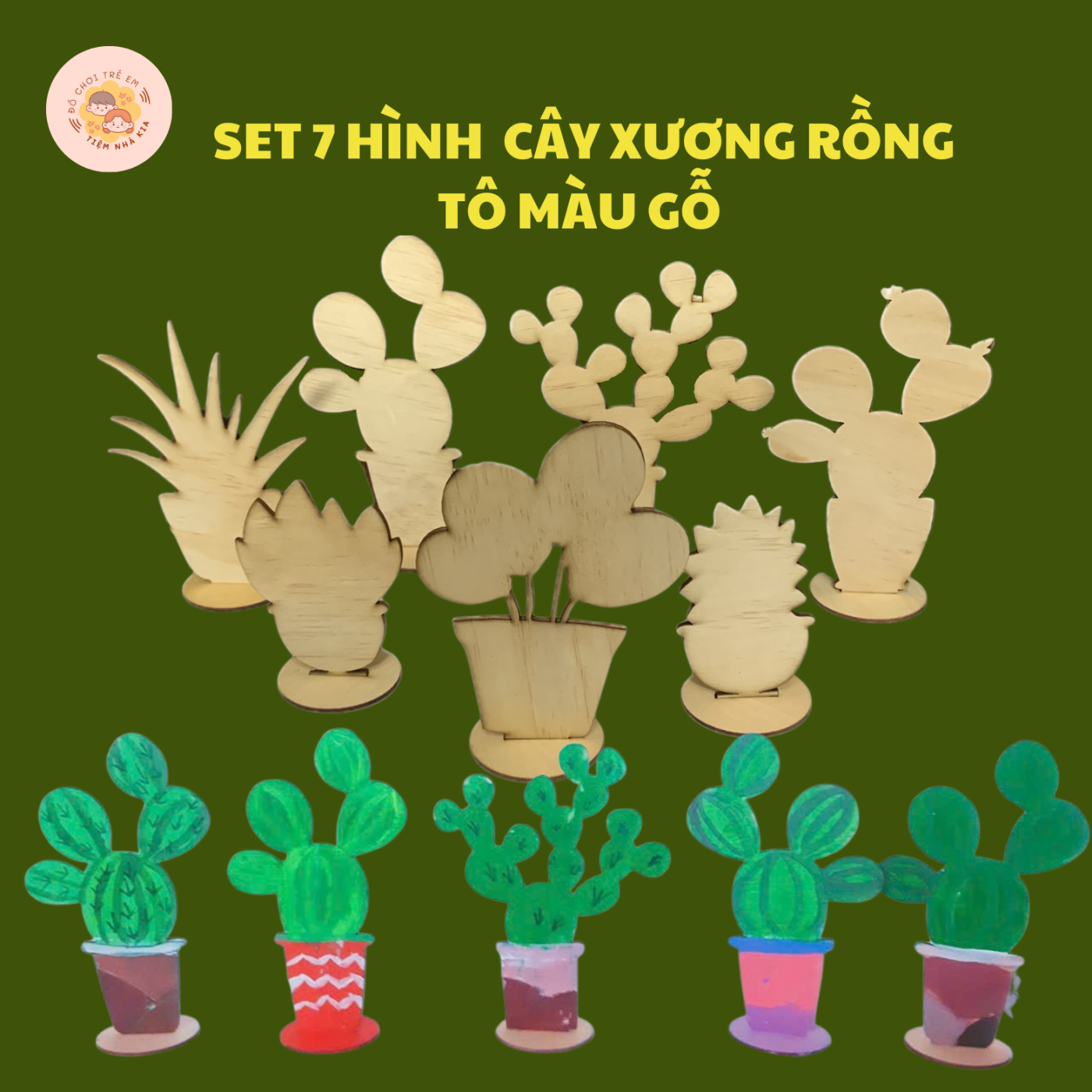 Bộ 7 Hình Cây Xương Rồng Tô Màu Gỗ DIY Giúp Bé Thỏa Sức Sáng Tạo_Có thể làm đồ trang trí, quà tặng