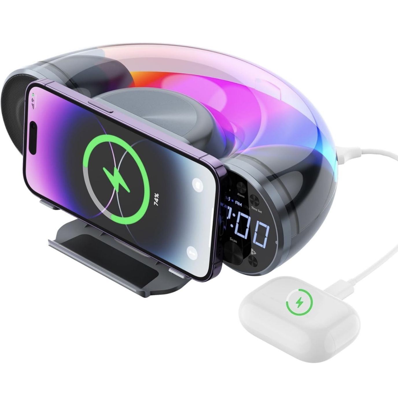 Loa Bluetooth đa năng WD-100 , sạc không dây , đèn RGB , đài FM, đồng hồ, sạc điện thoại