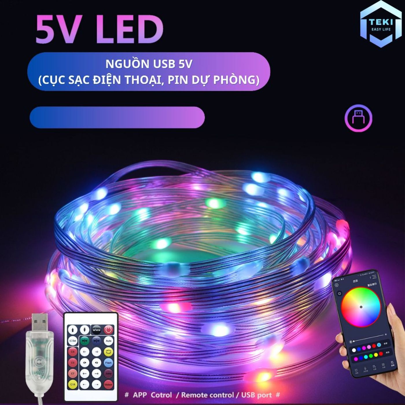 Đèn Led cảm biến theo nhạc 10m RGB 16 triệu màu full bộ điều khiển và cả app điện thoại