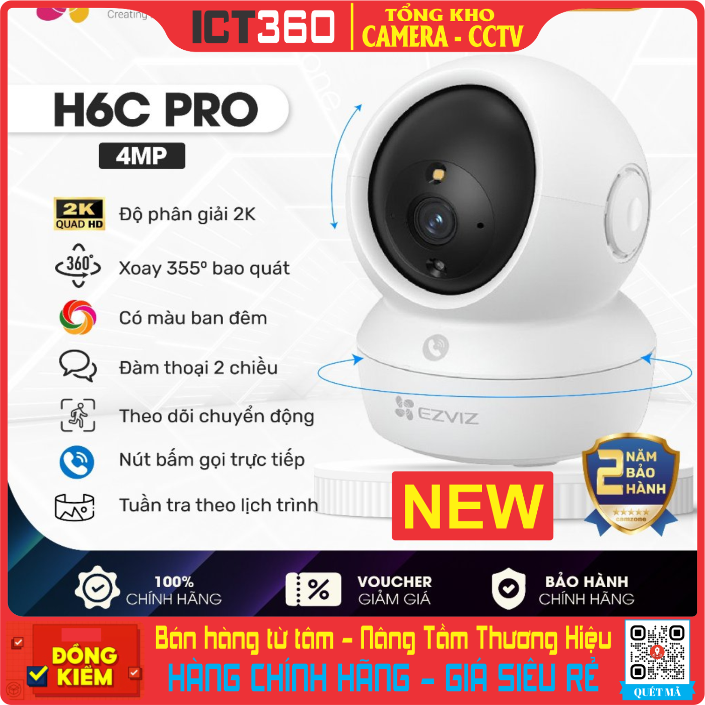 Combo Camera EZViz H6C PRO 4MP + Thẻ 128GB + Chân Đế Chữ L ( Chính Hãng Bảo Hành 2 Năm)