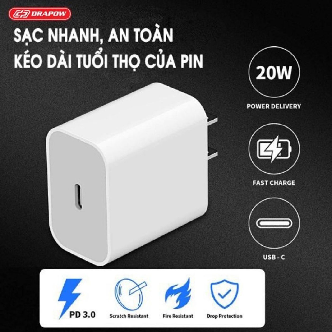 Cốc Sạc Điện Thoại Sạc nhanh PD 20W chân Type-C Drapow GA25 sạc điện thoại, máy tính bảng, thiết bị