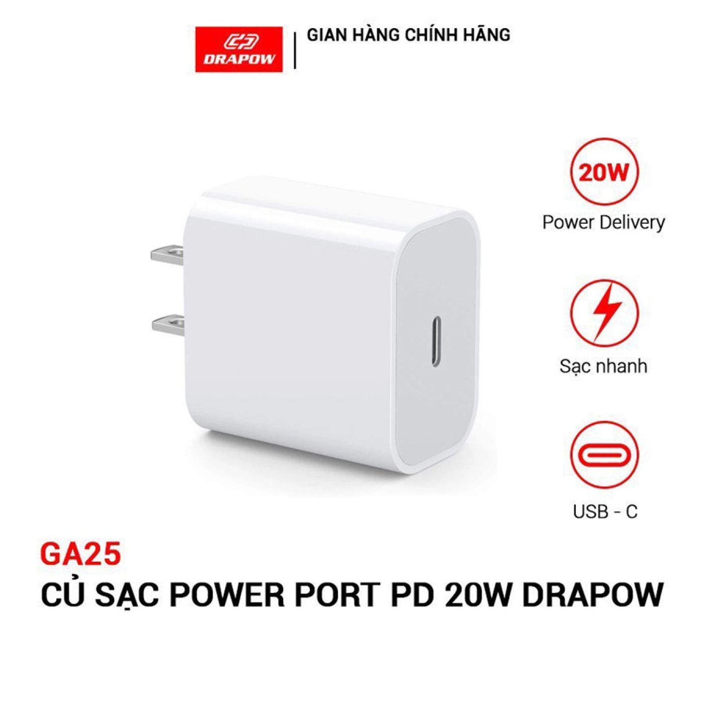 Cốc Sạc Điện Thoại Sạc nhanh PD 20W chân Type-C Drapow GA25 sạc điện thoại, máy tính bảng, thiết bị