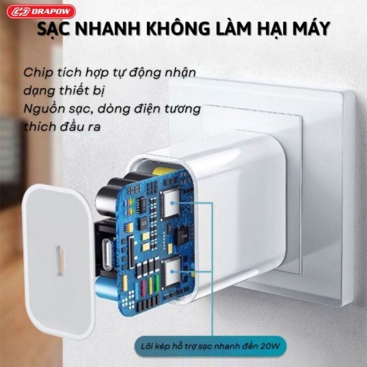 Cốc Sạc Điện Thoại Sạc nhanh PD 20W chân Type-C Drapow GA25 sạc điện thoại, máy tính bảng, thiết bị