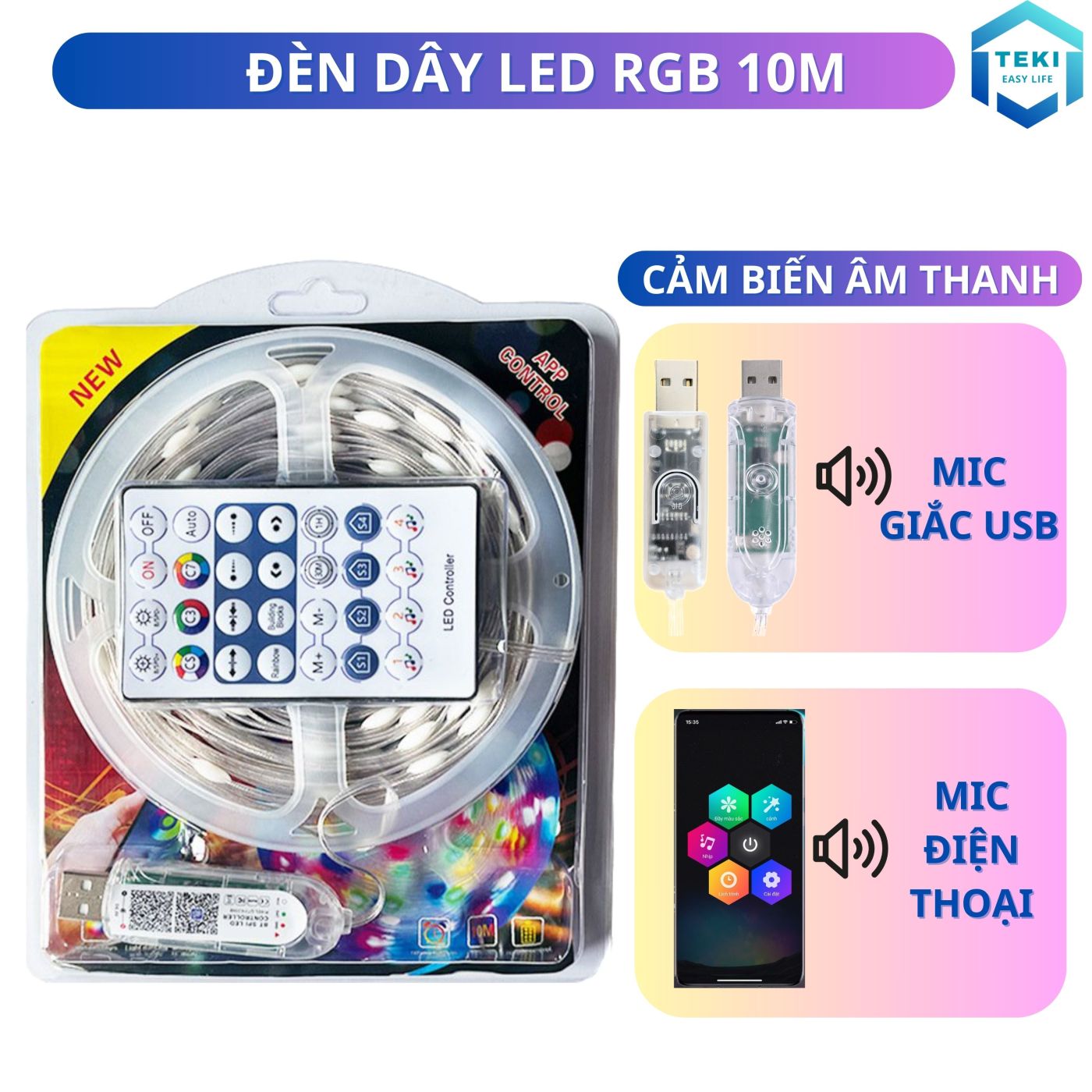 Đèn dây led RGB 16 triệu màu 10M điều khiển bằng điện thoại và Remote, nháy theo nhạc, LED đuổi