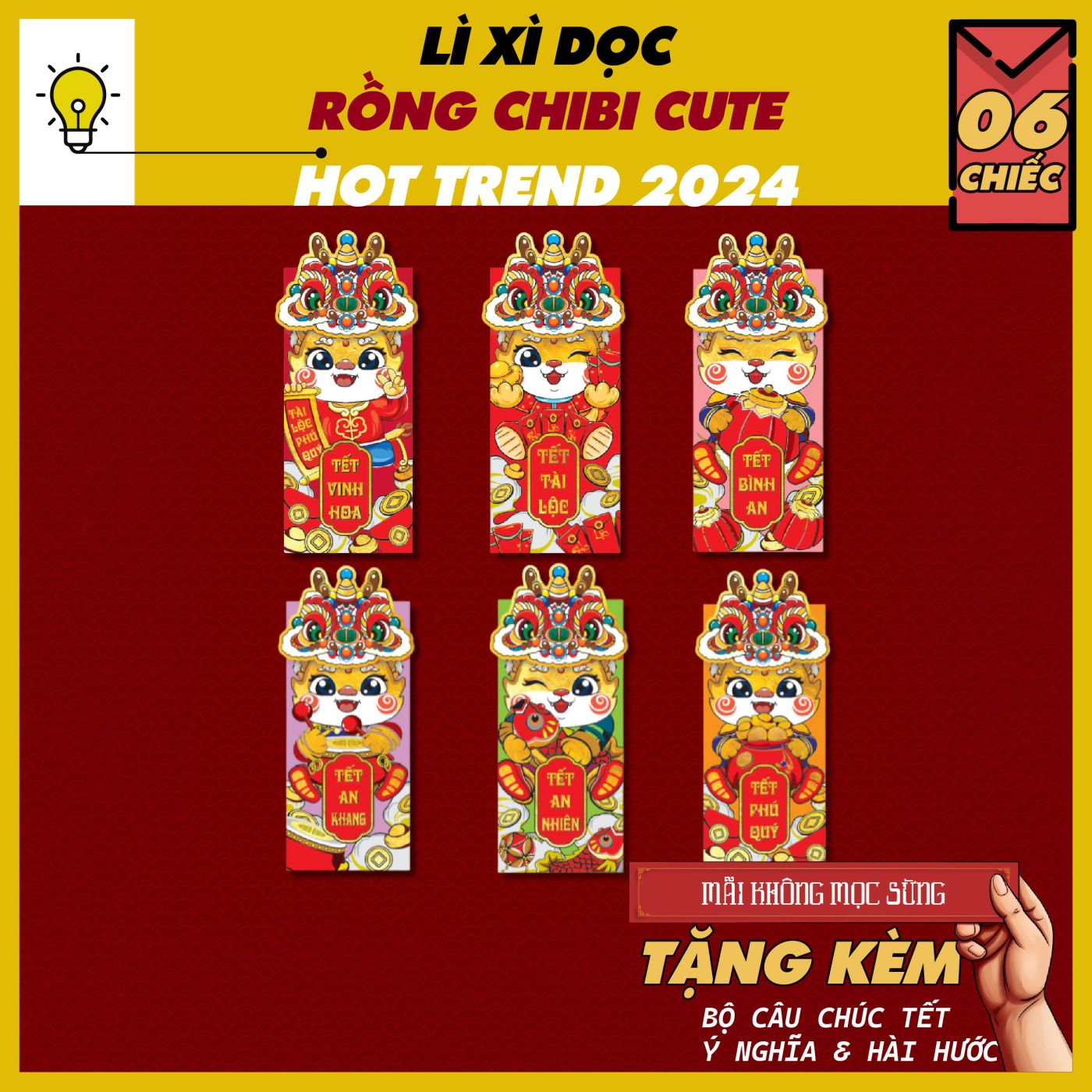 Lì xì Rồng chibi quà sáng tạo dạng dọc combo 6 chiếc