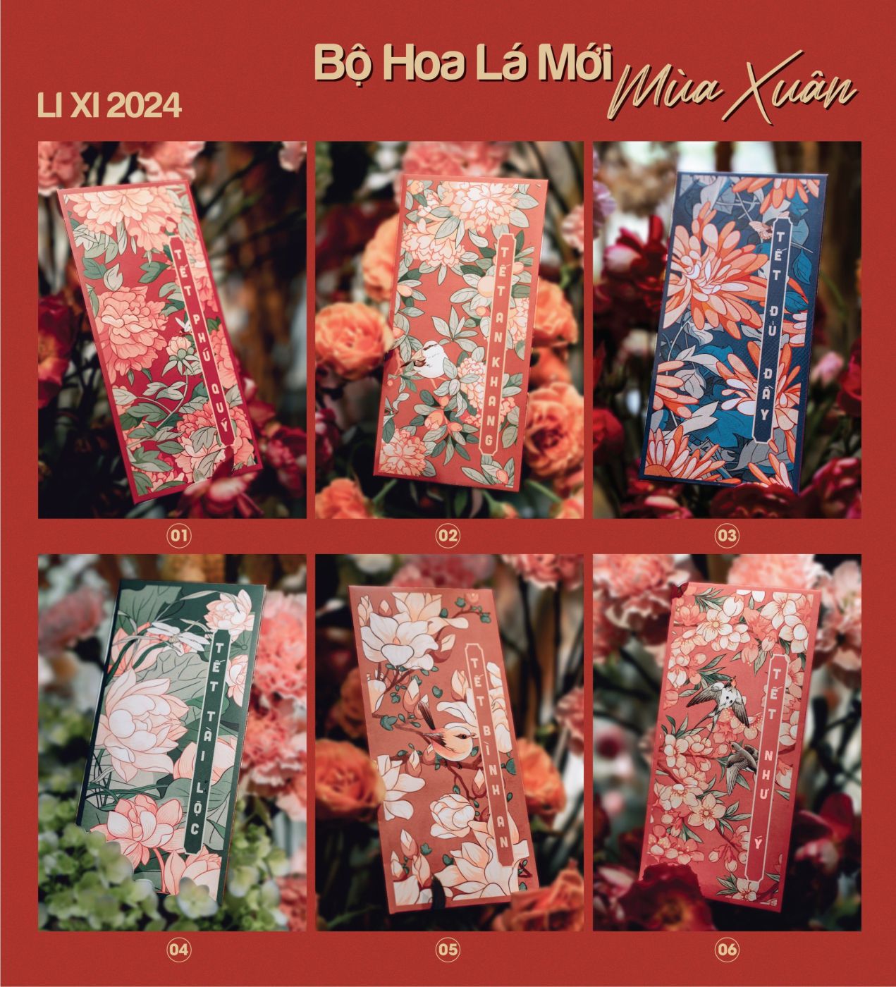 [SET100] Bao Lì Xì 2024 tự thiết kế hoa lá mùa xuân