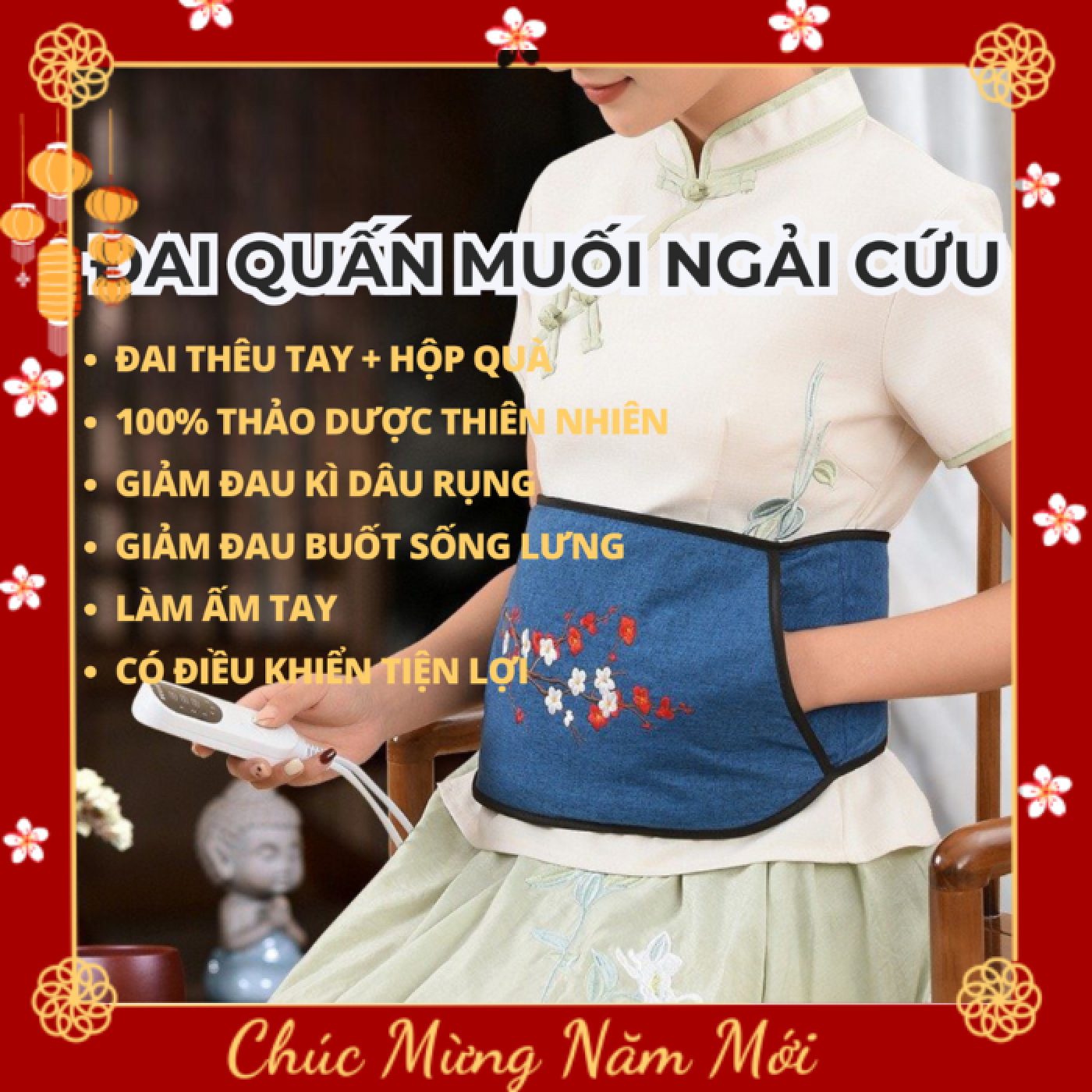 Đai GẤM THÊU TAY Chườm Nóng Thảo Dược Giảm Đau Lưng, Eo , Bụng Có Điều Khiển Chế Độ