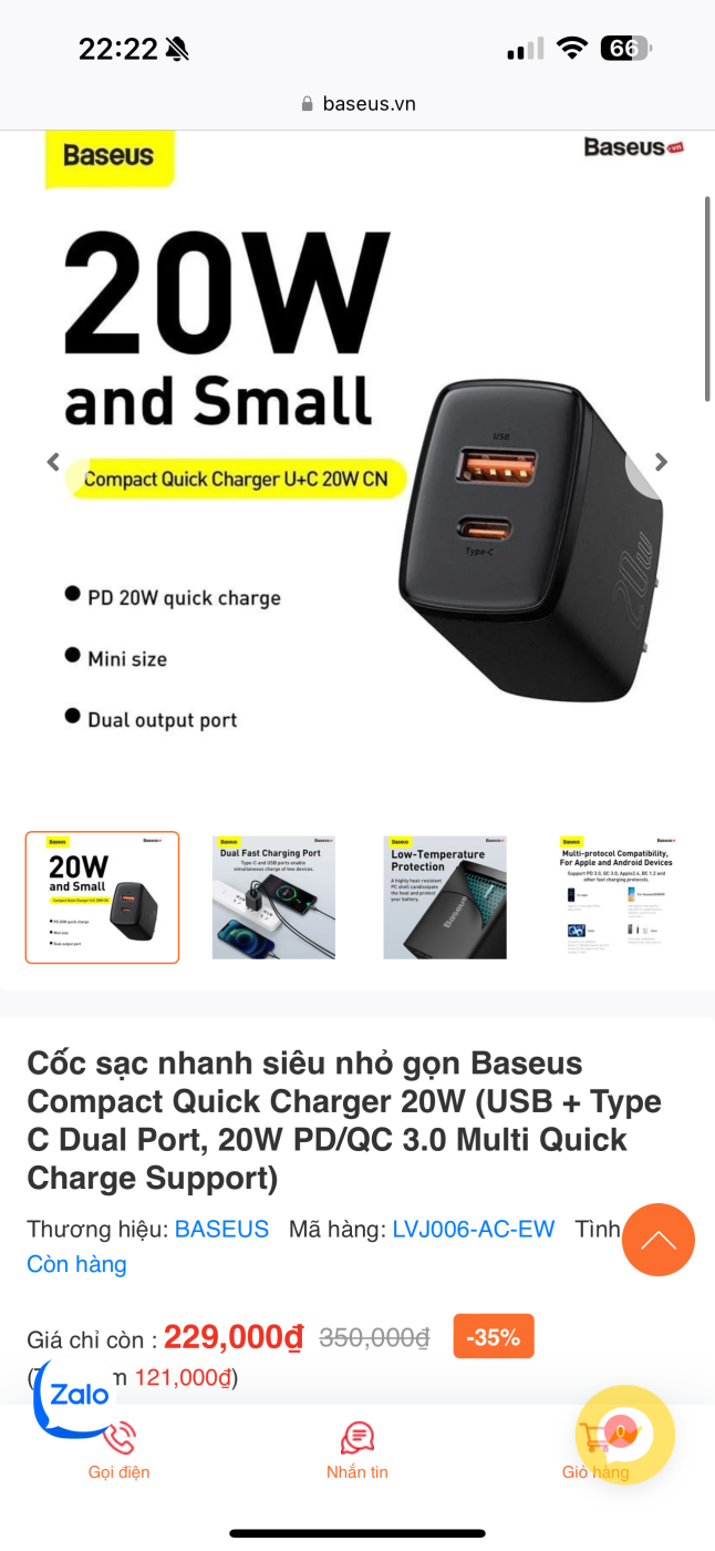 {Order giao 20/1} Củ sạc nhanh 20W Baseus 2 cổng C +A Compact Quick Charger - không hộp , đóng túi