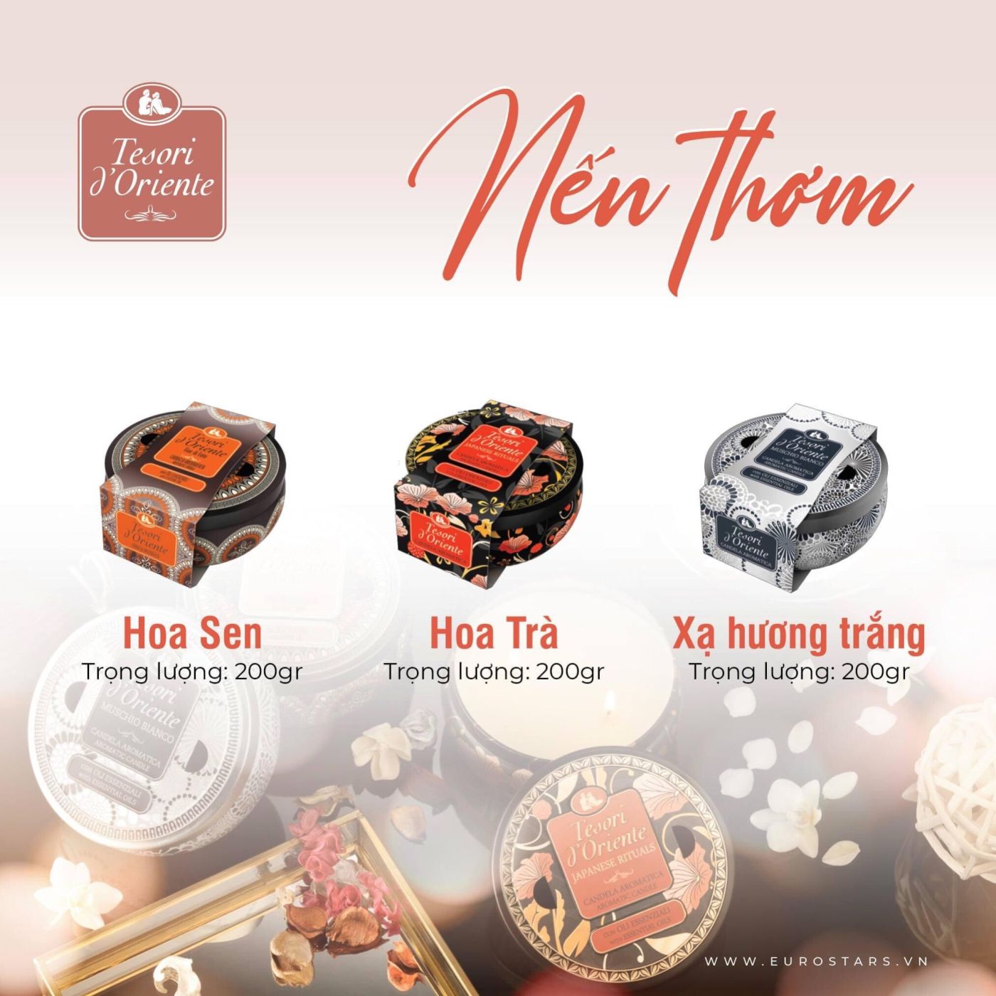 Set 3 Nến thơm mini cao cấp Tesori d'Oriente 330gr - CHÍNH HÃNG