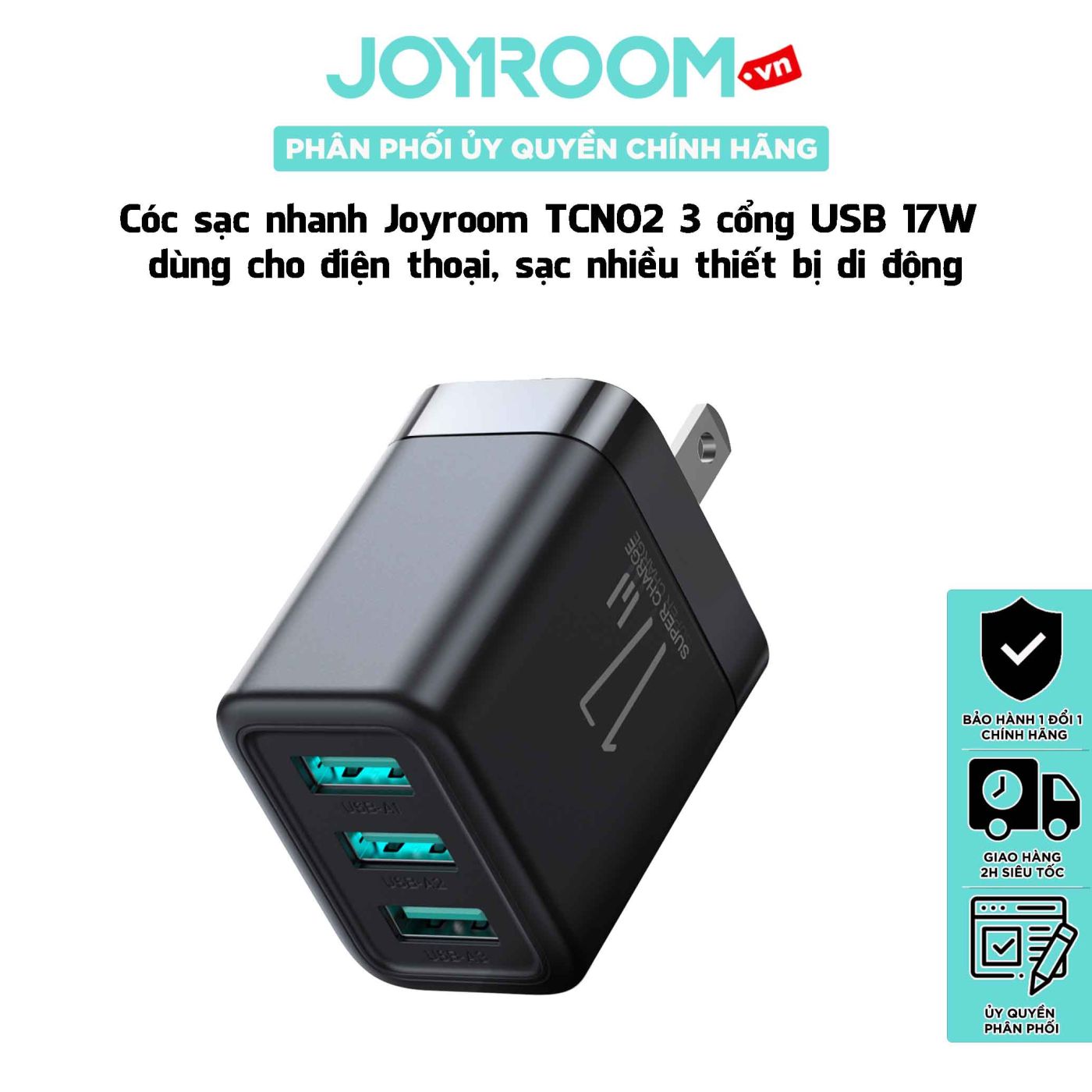 Cóc sạc nhanh Joyroom TCN02 3 cổng USB 17W dùng cho điện thoại, sạc nhiều thiết bị di động cùng lúc