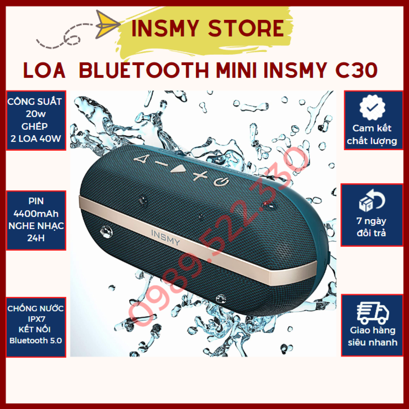 Loa Bluetooth Mini, Loa Bluetooth Bass Mạnh INSMY C30,Pin 4400mAh,Chống Nước IPX7