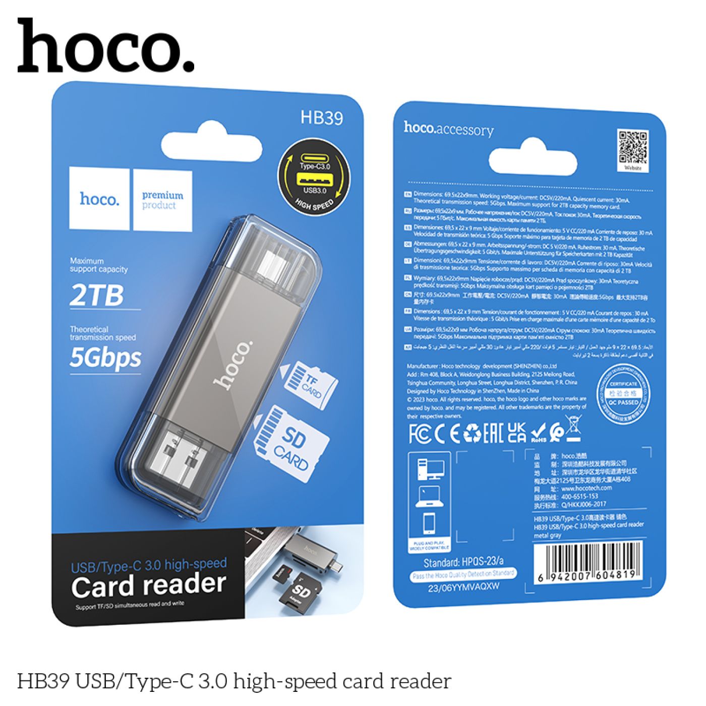 Đầu đọc thẻ nhớ 3.0 đa năng 1 đầu USB, 1 Đầu typec hoco HB39