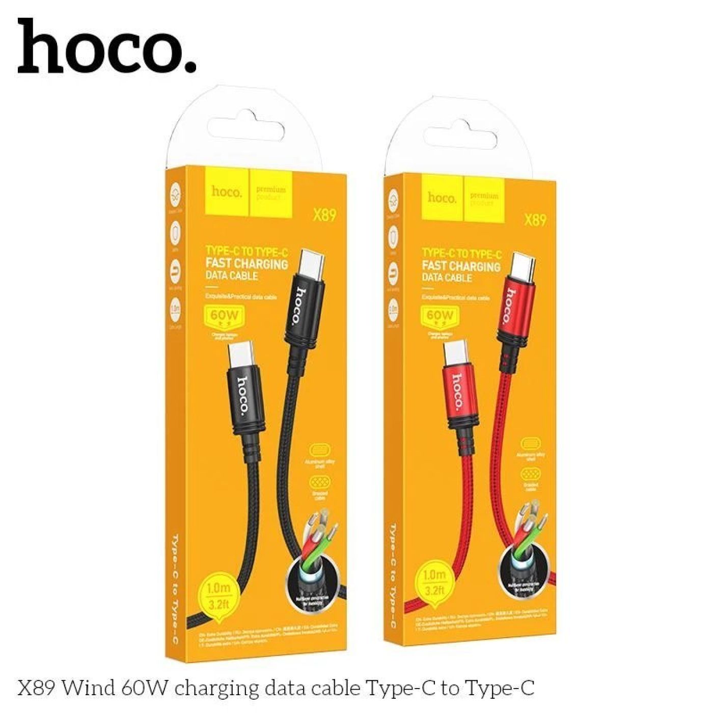 Cáp sạc Hoco X89 Type-C to Type-C, Lightning sạc nhanh chính hãng dây dù bện dài 1M