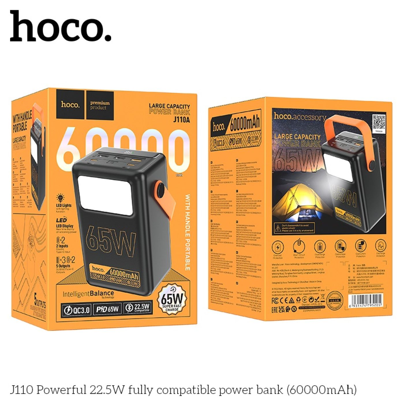 Pin dự phòng sạc nhanh 65W dung lượng lớn 60.000mah tương thích mọi chân sạc kèm đèn hoco J110A