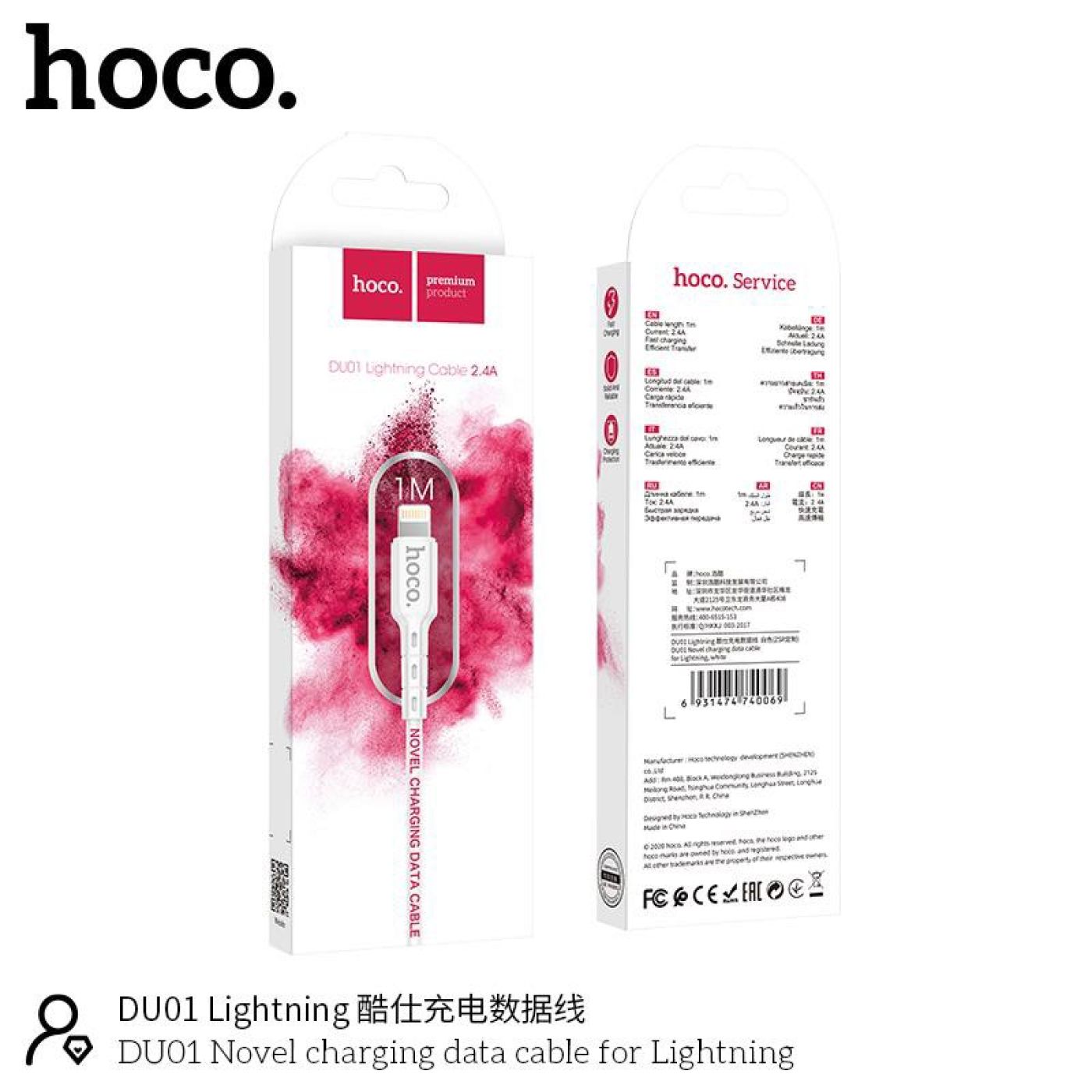 Cáp sạc DU01 Hoco Lightning iPhone dài 1m , dây nhựa cứng cáp chống gãy gập