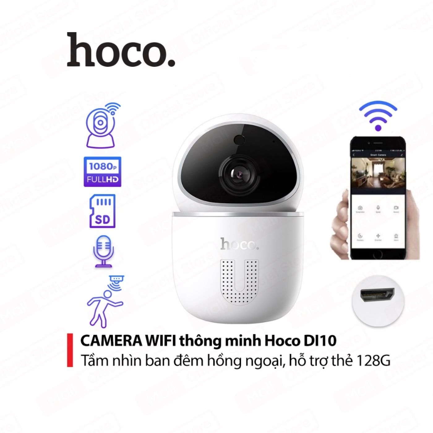 Camera Wifi không dây thông minh nói chuyện 2 chiều, phát hiện chuyển động, xoay hình của Hoco Di10