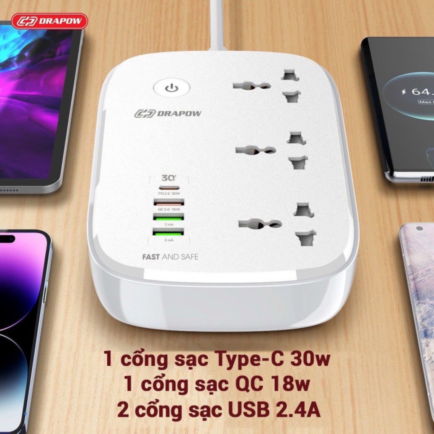 {Tặng cáp 100W} Ổ cắm điện Wifi thông minh kết nối App Drapow SK25 3 ổ cắm điện 2500W+1 cổng sạc 30W