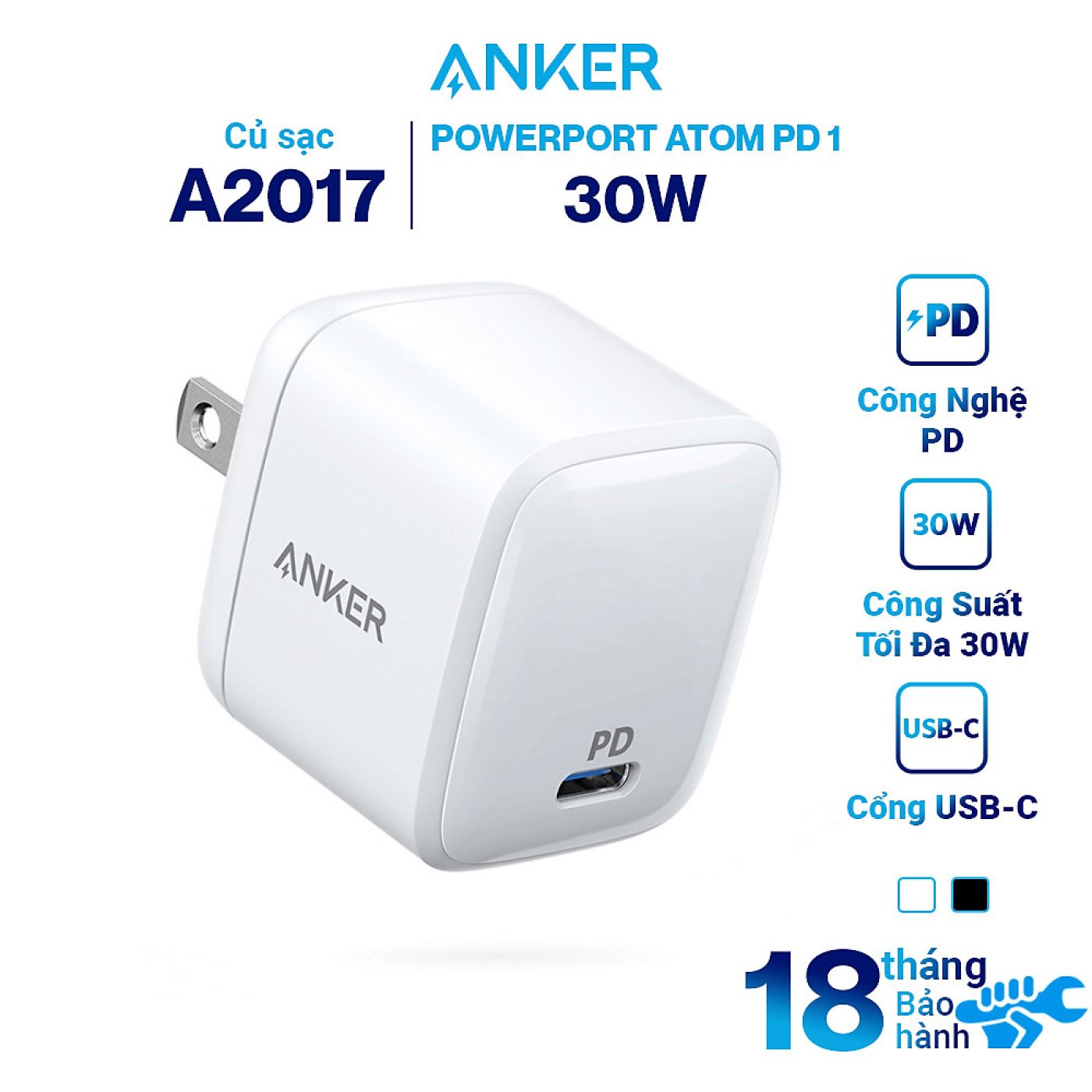 Củ Sạc Nhanh Anker PowerPort Atom PD 1, 30w - A2017 công nghệ Gan sạc nhanh